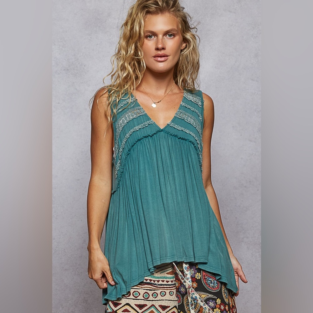 POL Teal Lace Trim Sleeveless V-Neck Top